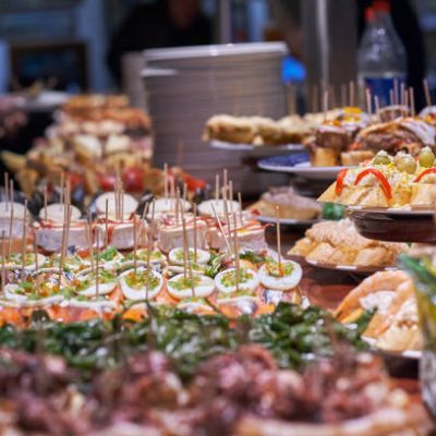 Pinchos and tapas typical of the Basque Country, Spain. Selection of different types of foods to choose from. San Sebastian.